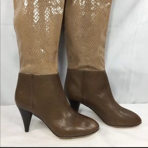 LOEFFLER RANDALL SNAKE EMBOSSED LEATHER KNEE HIGH PULL ON BOOTS BROWN CAMEL HEEL